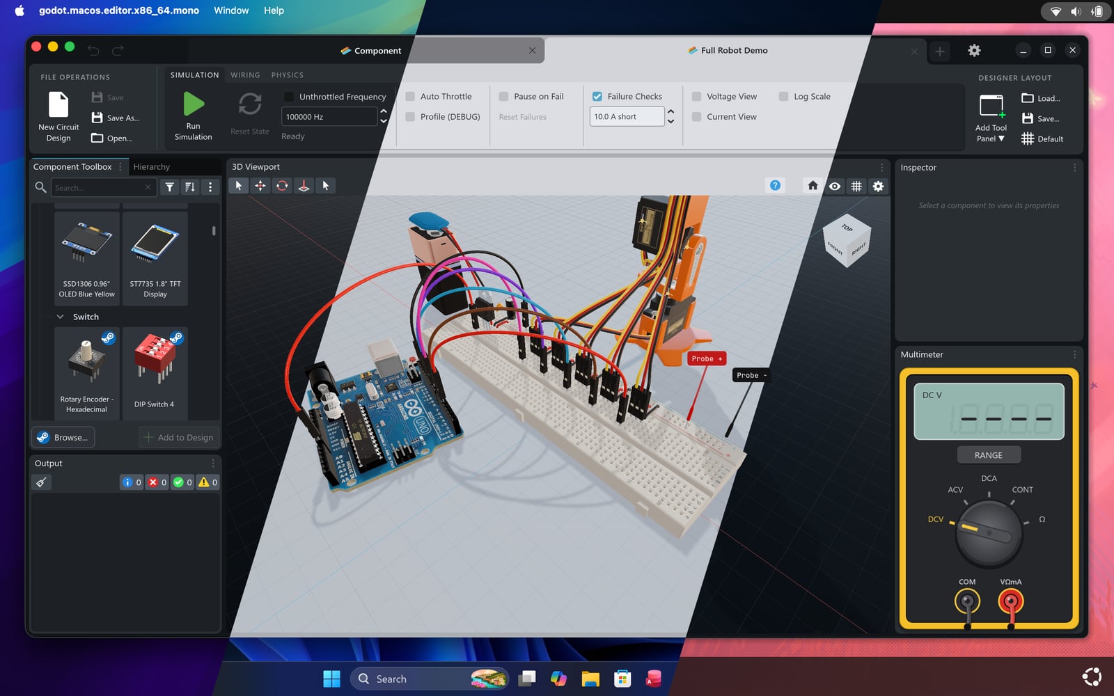 CRUMB Advanced running on macOS and Windows, showing an Arduino Uno wired to a breadboard and a servo robot arm, with a multimeter panel