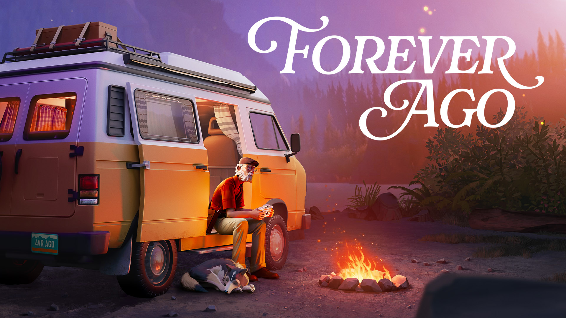 Forever Ago key art showing a camper van and a campfire in a forest at dusk