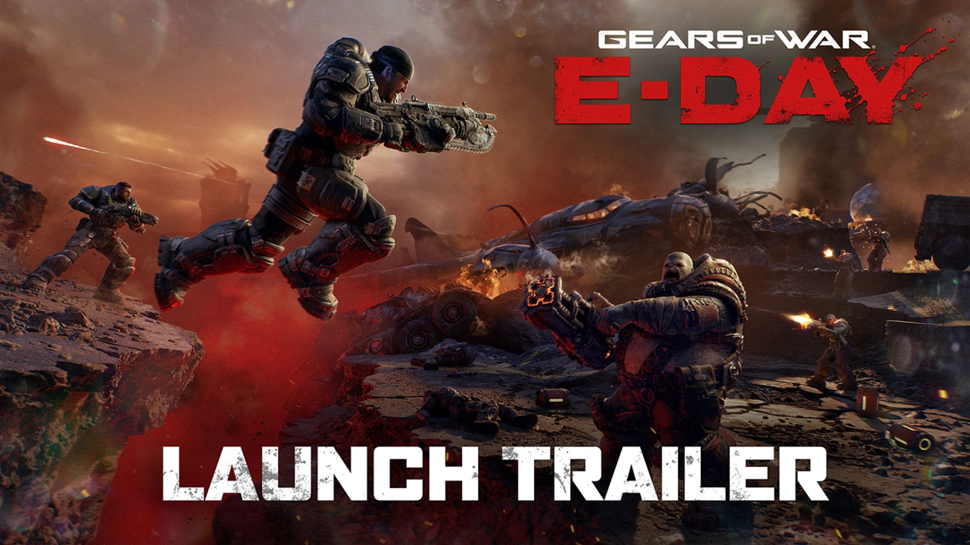 Gears of War: E-Day launch trailer artwork showing a soldier leaping through fire