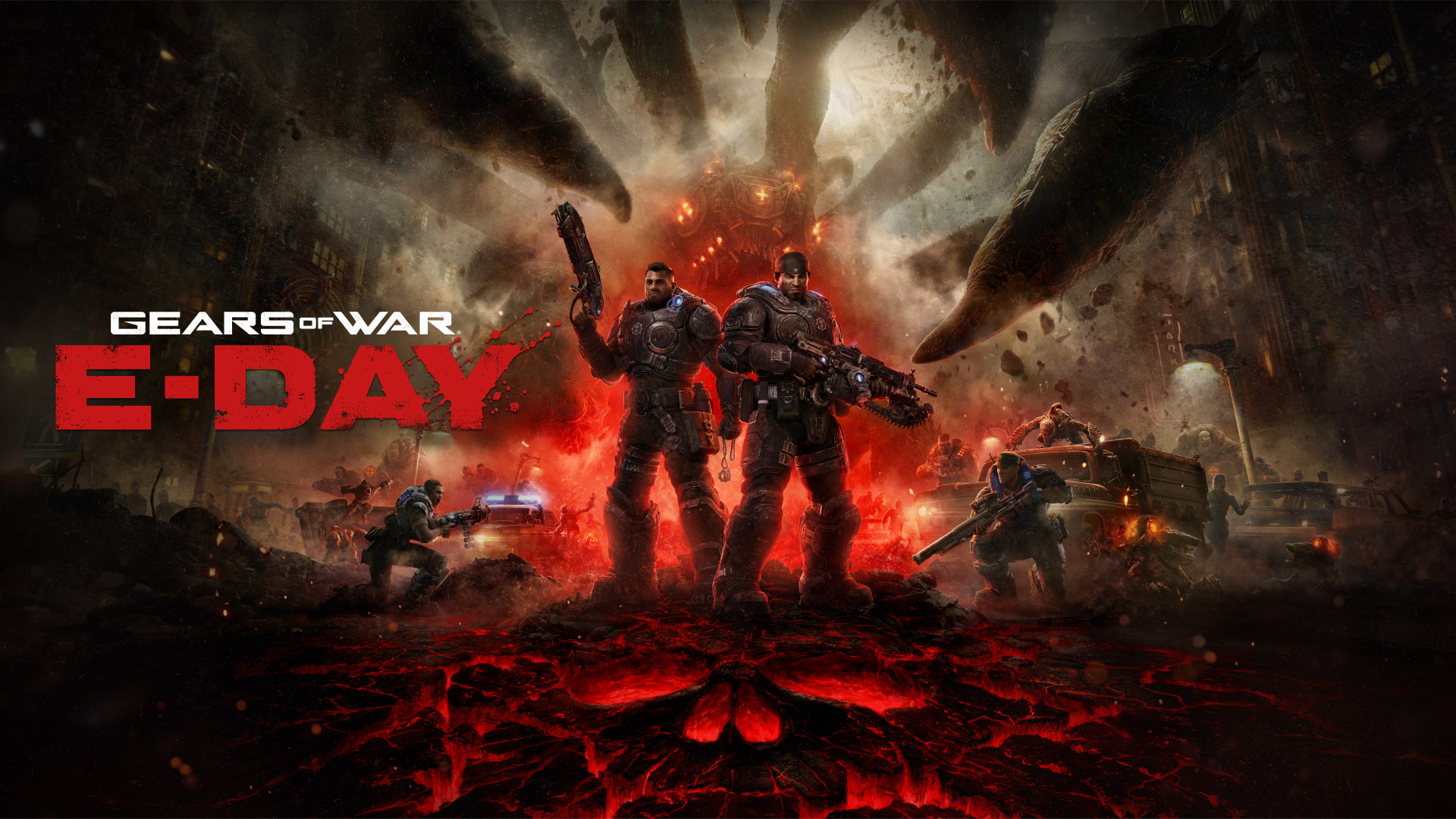Gears of War: E-Day key art with soldiers fighting in a burning city