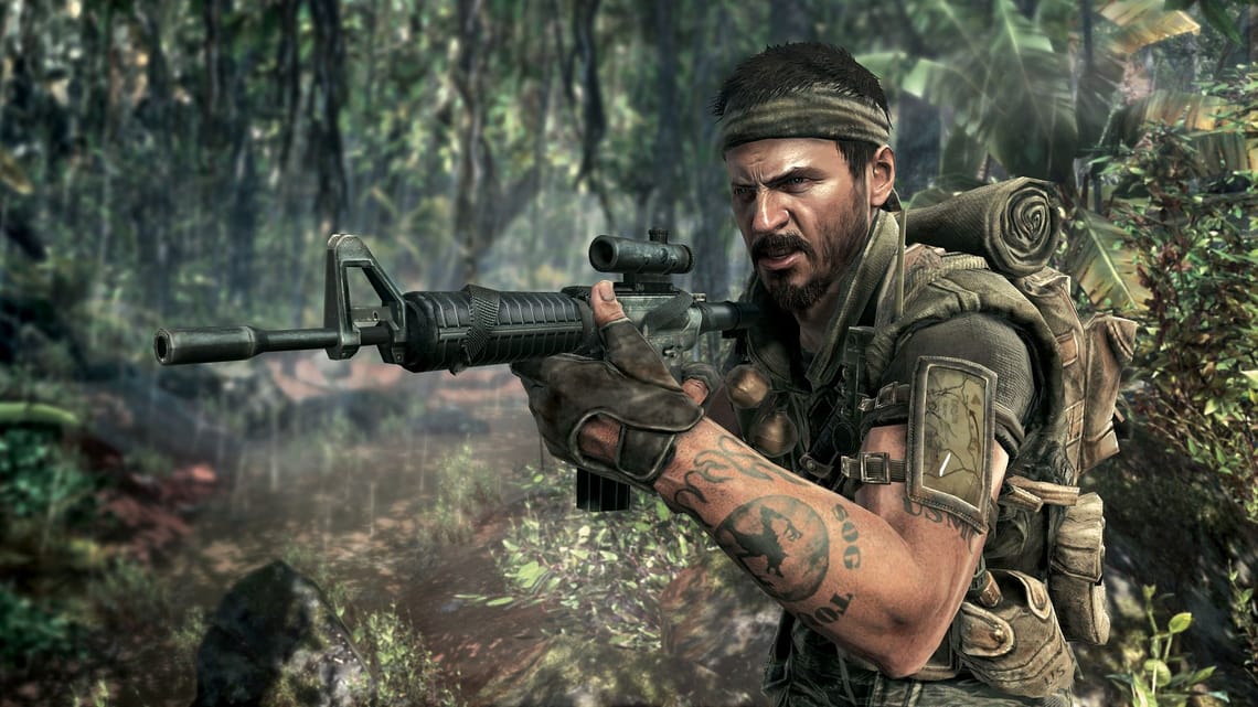 Alex Mason aiming an M16 in the jungle in Call of Duty: Black Ops