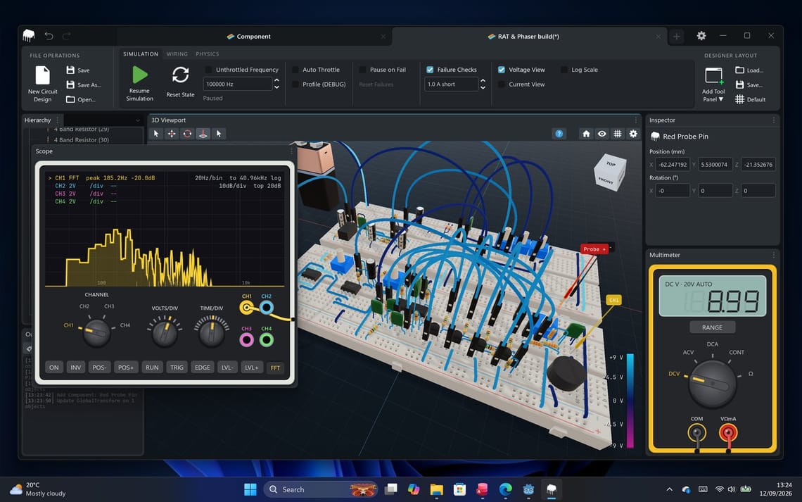 CRUMB Advanced dev build showing a crowded 3D breadboard guitar-effects circuit with an FFT oscilloscope and a multimeter