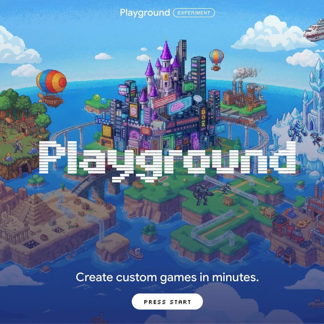 Google Playground promo art: a pixel-art island world with a castle and the words 'Create custom games in minutes'