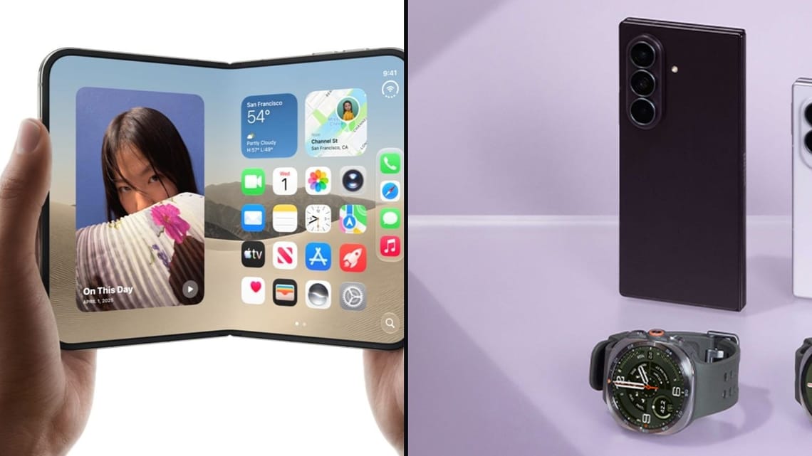 Apple iPhone Duo held open next to Samsung's Galaxy Z Fold8 lineup