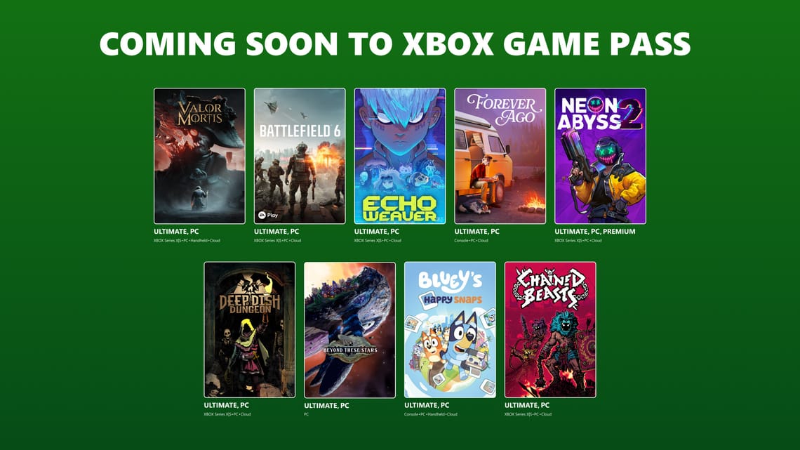 Coming soon to Xbox Game Pass artwork featuring Battlefield 6 and other games