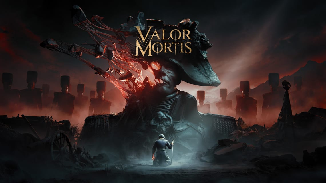 Valor Mortis key art showing a lone figure facing a giant creature over a ruined city