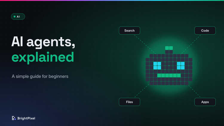 Pixel-art robot connected to Search, Code, Files and Apps tools, with the title AI agents, explained
