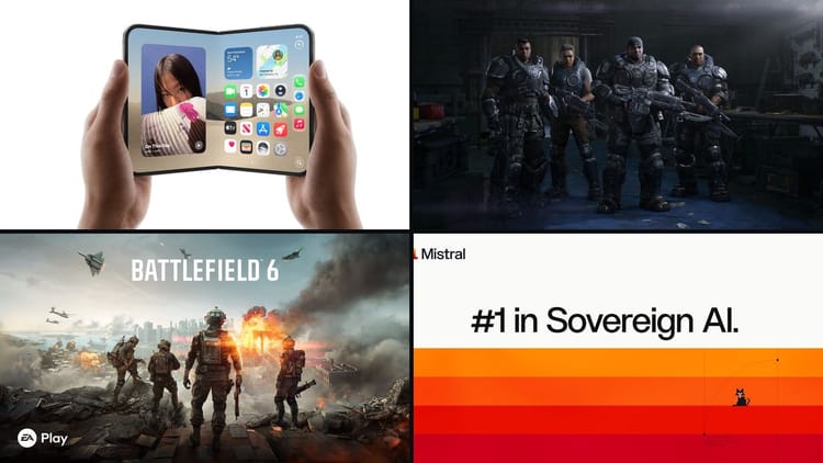 Collage of iPhone Duo, Gears of War: E-Day, Battlefield 6 and Mistral AI images