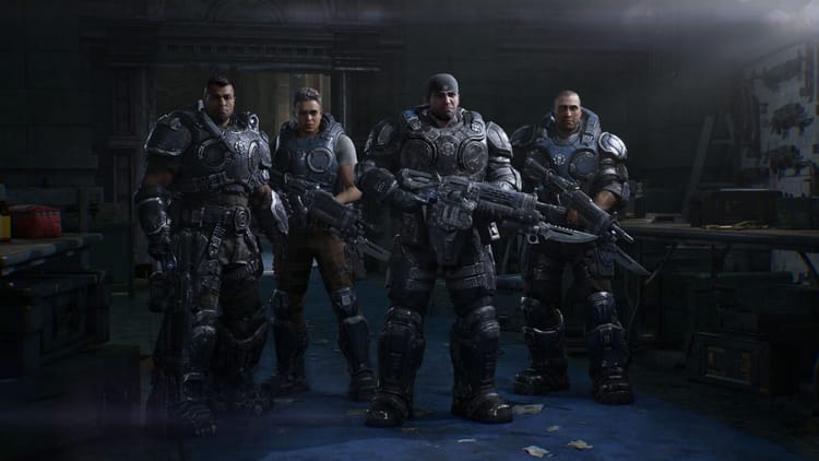 Four armoured COG soldiers from Gears of War: E-Day standing in a dark corridor